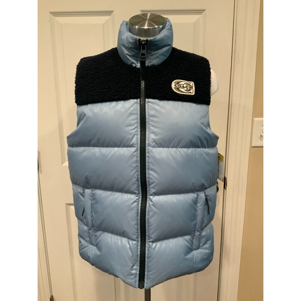 Coach Men's Signature Color Block Puffer Vest Light Dark Blue Fleece Size M NWT!
